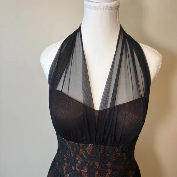 VTG Y2K Betsy & Adam Womens Dress 12 Black Bronze Halter Lace Mesh Prom Cocktail - Image 2