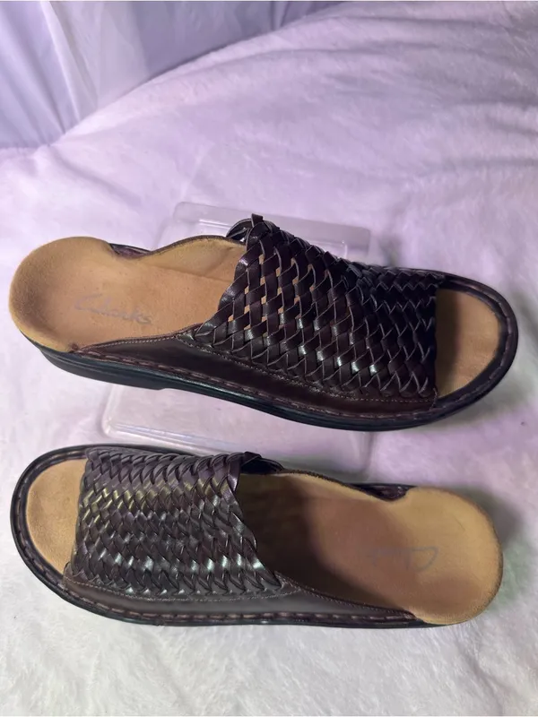 Clarks womenDark Brown Woven Leather Slide Sandals - Image 2