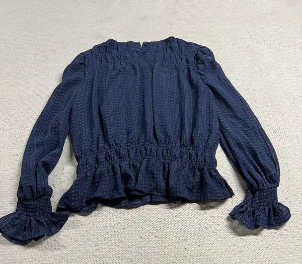 Navy Blue Textured Ruffle Semi Sheer Long Sleeve Blouse Size Medium EUC - Image 6