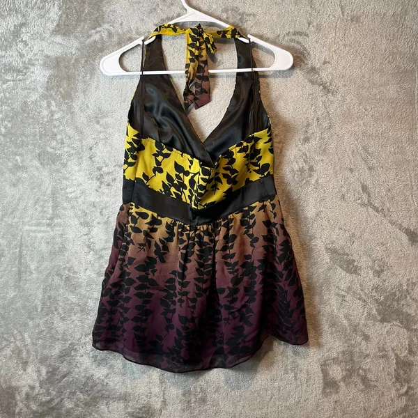 Vintage Y2K Babydoll Halter Top Leaf Print Ombre Fairycore Festival Size‎ S Silk - Image 4