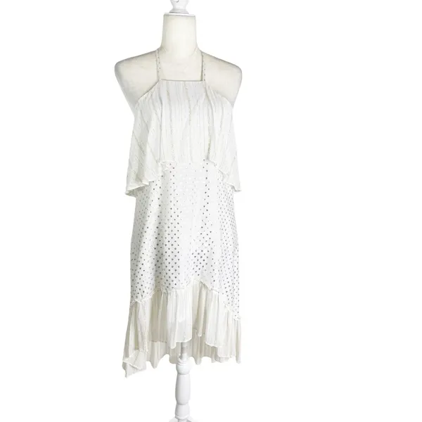 Anthropologie Kopal Tiered Mini Dress White with Metallic Threads Size S - Image 7