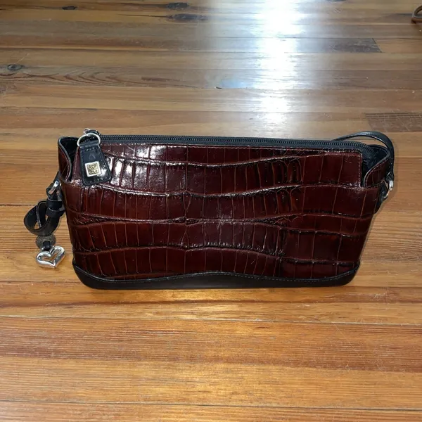 Brighton Vintage Croc Embossed Leather Shoulder Bag Brown Black Trapezoid Purse - Image 3