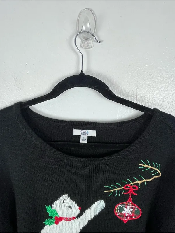 CROFT & BARROW Black Cat Graphic Long Sleeves Knit Sweater Size Large Christmas - Image 5