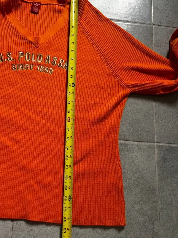 vintage embroidered U.S. Polo Assn. Bright Orange V-Neck Ribbed Knit Sweater - Image 4