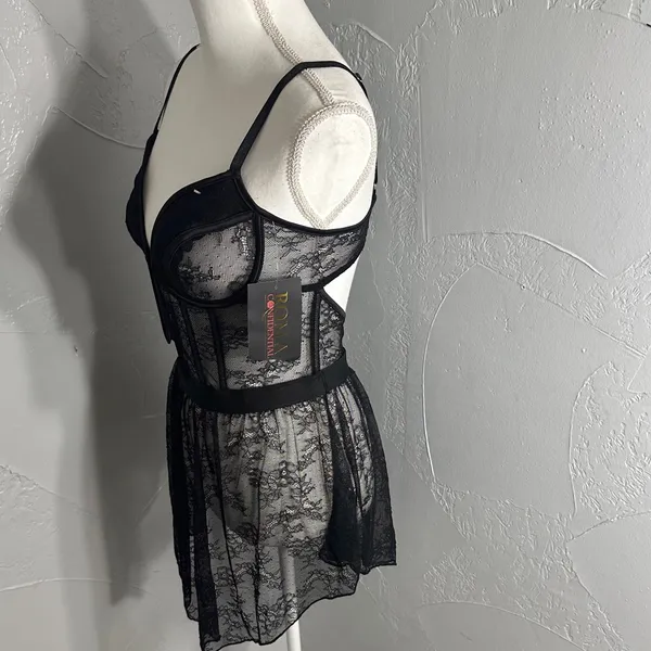 Roma Black Sheer Lace Babydoll Chemise with Plunge Cups - Image 4