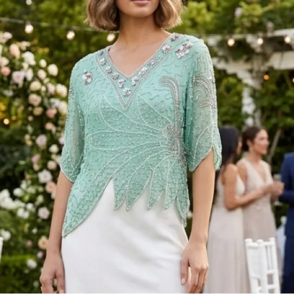 Handmade Vintage 90s Beaded Sequin Seagreen Fairycore Asymmetrical Hem Formal blouse - Image 2