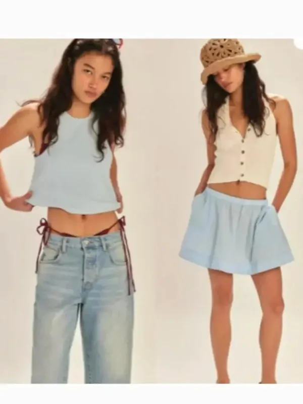 NEW Free People free-est Milani Tank Top Mini Skirt Boho Cotton Set Blue Large - Image 6