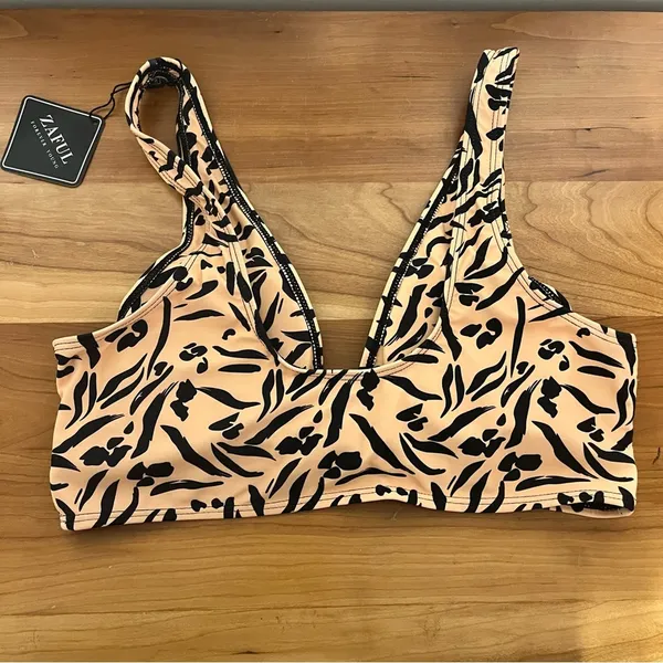 Zaful Animal Print Plunge Bikini‎ Top Tan Black Size 8 NEW - Image 4