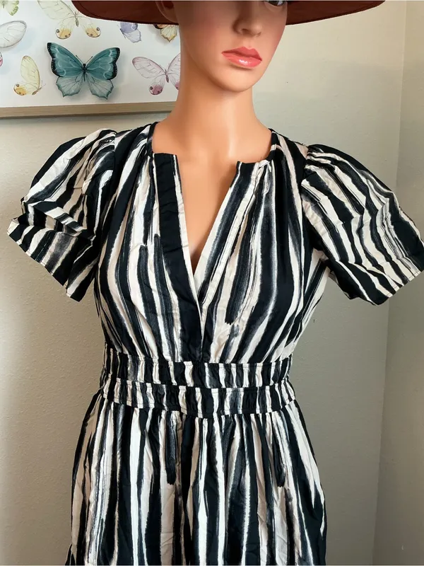 Anthropologie XS Black White Stripe Maxi Dress Cotton Pockets - Image 3