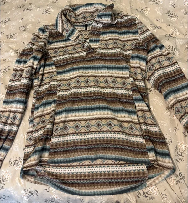 North River Ladies Brown & Teal Aztec Striped Quarter-Button Fleece Pullover - Image 2