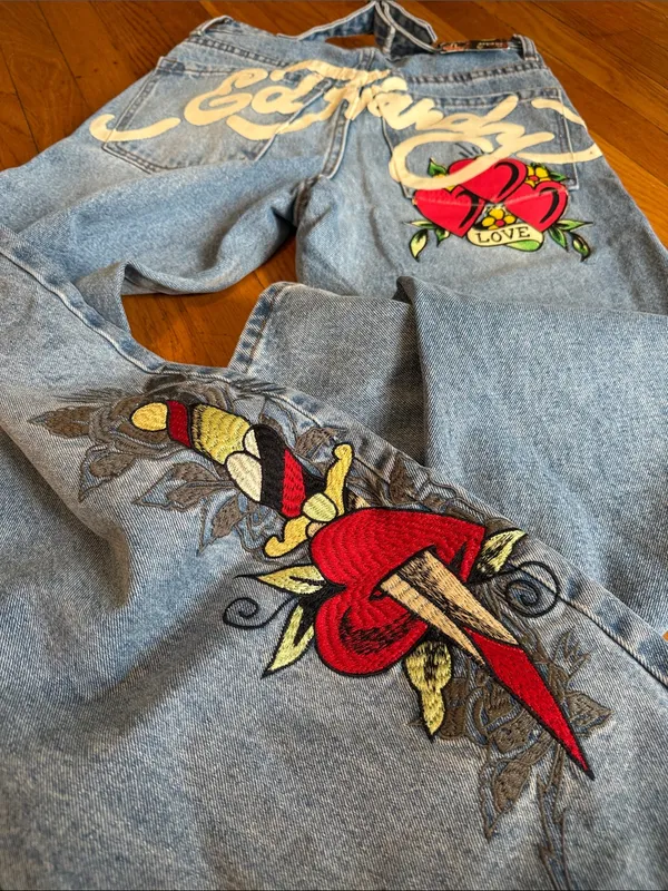 NEW Ed Hardy Light Blue Embroidered Wide Leg loose fit Women's Jeans 24 - Image 7