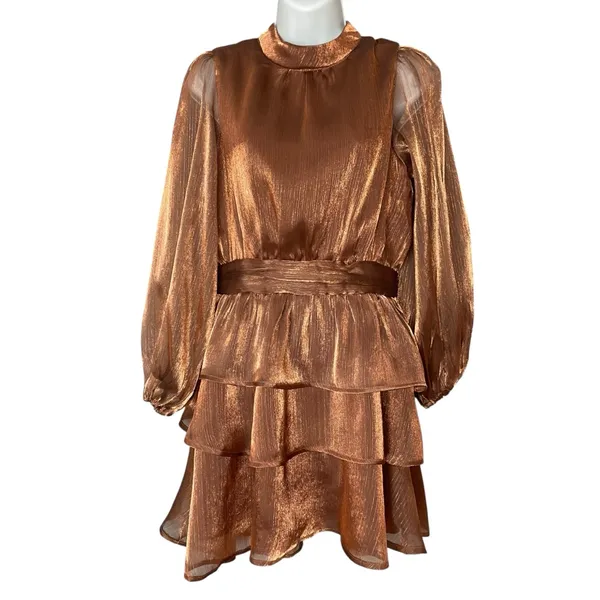 NWT‎ Lulus Dress Ideal Behavior Bronze Metallic Backless Tiered Mini Dress Small - Image 5