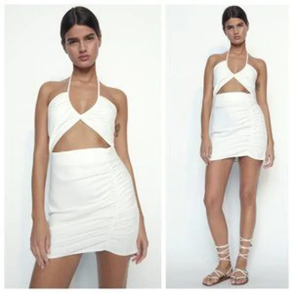 Zara White Halter Sleeveless Cutout Open Back Ruched Mini Bodycon Dress Size S - Image 3
