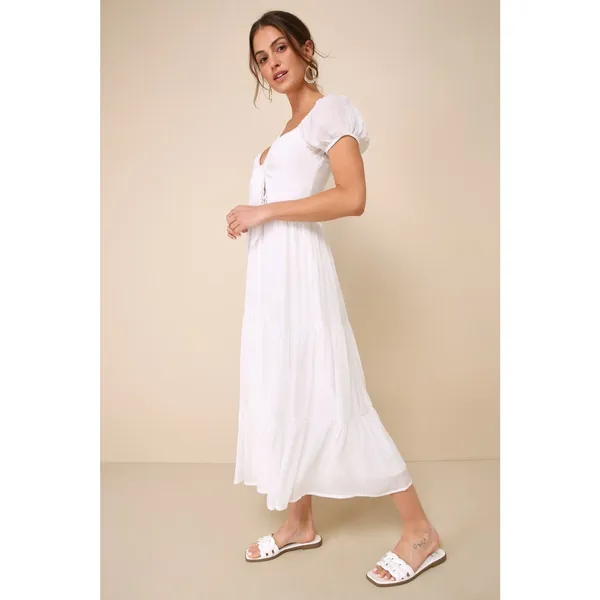 Lulus Darling Concept White Tiered Tie-Front Puff Sleeve Dress Classy Medium - Image 3