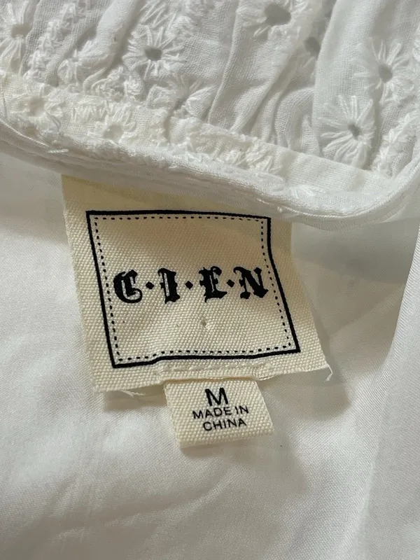 CIEN White Eyelet Button Babydoll Mini Dress M V-Neck Long Sleeve Cottagecore - Image 6