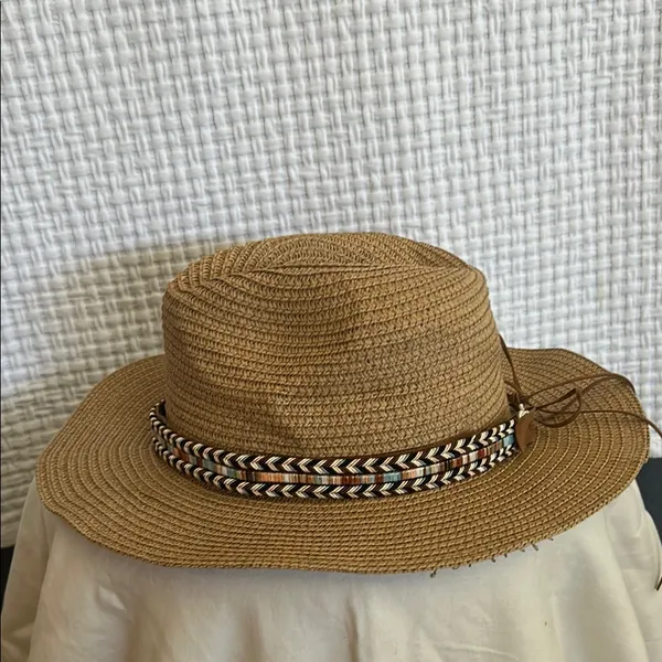 Lulla Collection Stylish Tan Woven Hat with Patterned Band - Image 2