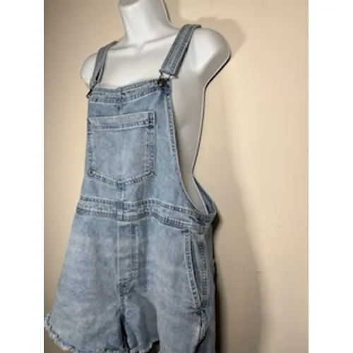 AERIE Denim Shortalls Med Blue Light Wash Raw Hem Boho Summer Overalls Y2K Beach - Image 5