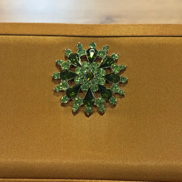 Bronze Satin Evening Clutch‎ Bag Green Rhinestone Brooch Beaded Handle Crossbody - Image 11