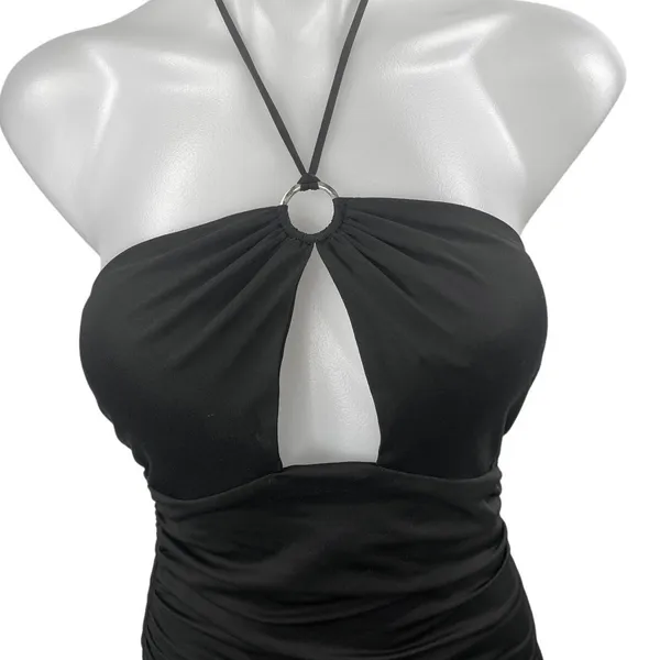 Princess Polly Black Sleeveless Halter Tie Ruched Cutout Mini Bodycon Dress Sz 4 - Image 3