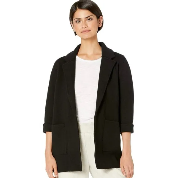 J. CREW Women's M Eloise Blazer Cardigan Sweater Black Wool Blend Patch Pockets - Image 2