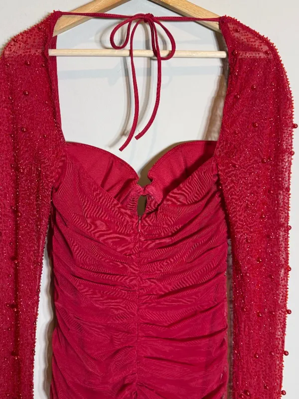 Oh Polly St. Germain Embellished Long Sleeve Mini Dress Women's 6 Red Pearls - Image 11