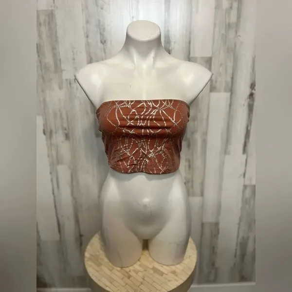 Brown Printed Two Piece Skirt Set Medium | Strapless Tube Top & Midi Skirt - Image 2