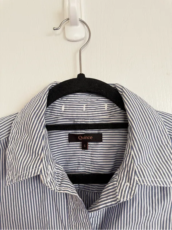 Quince Organic Cotton Poplin Cropped Long Sleeve in Light Blue Stripe - Image 2