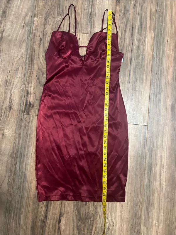 Miss Circle Burgundy Wine Satin Plunge Cutout Bodycon Midi Dress Small - Image 14