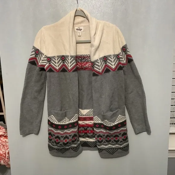 Hatley Heritage Geometric Fair Isle Cardigan Sweater Beige Gray Red XS TP - Image 4