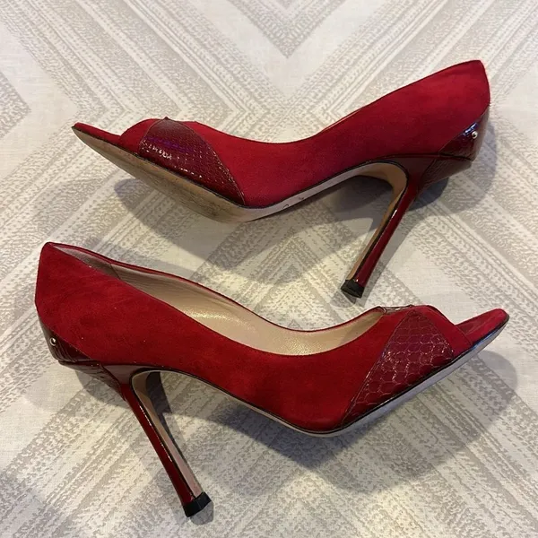 Jimmy Choo Rocky Red Suede Peep-Toe Pumps for Women – Size 37.5 - Image 5