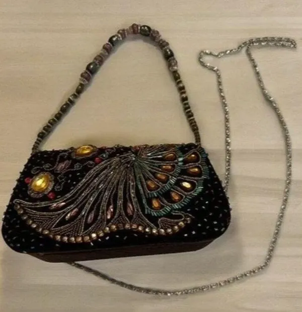 Beautiful Black Jeweled Beaded Crossbody Handbag Floral Fabric Pattern - Image 2