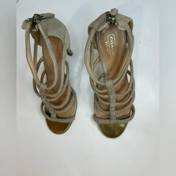 Coach Women’s Lavania Beige Suede‎ Strappy Heeled Sandals with Zipper Size 6.5. - Image 5