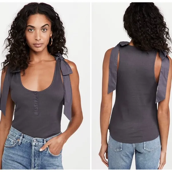 Ulla Johnson Tank Top Women P Grey Ribbed Cotton Tie Shoulder Henley Scoop Neck‎ - Image 11