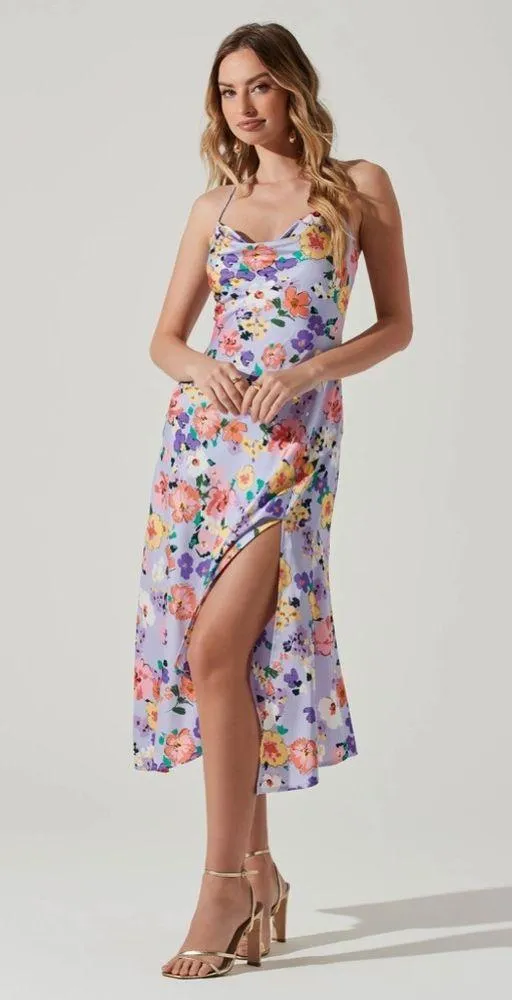 ASTR Gaia Draped Collar Satin Midi Dress in Periwinkle Floral Size Small NWT - Image 3