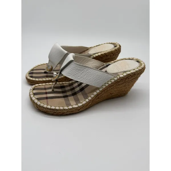 Burberry Wedge Sandals Womens 39 White Nova Check Espadrille Thong Leather - Image 2