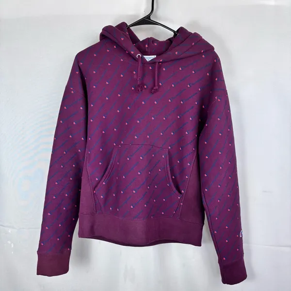 Champion Reverse Weave Hoodie Small Women's All Over Logo Print Burgundy Maroon - Image 2