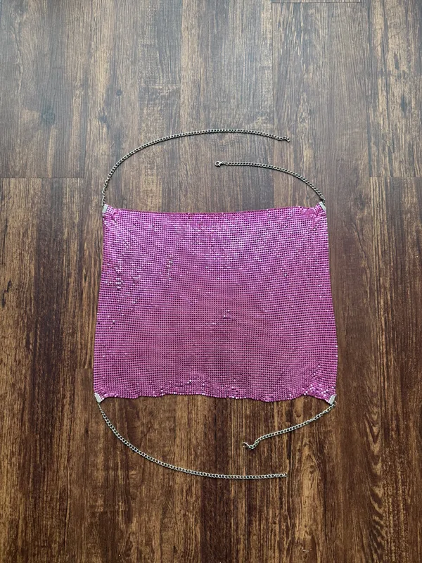 Women’s Pink Metal Sparkly Cowl Neck Backless Halter Crop Top - Image 2