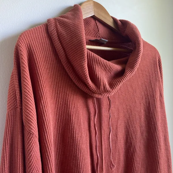 Natural Reflections Cowl Neck Thermal Waffle Pullover (Sz 1X) Pumpkin Orange - Image 2