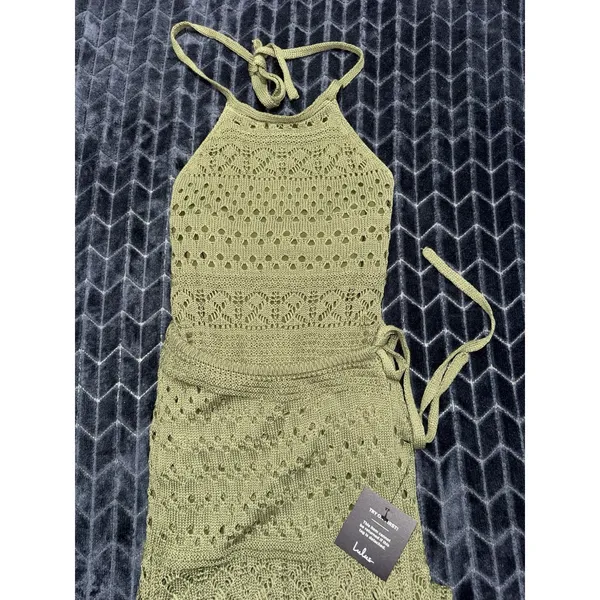 Lulus Green Crochet Knit Tie Halter Neck Wrap Midi Dress Sleeveless Small NWT - Image 4