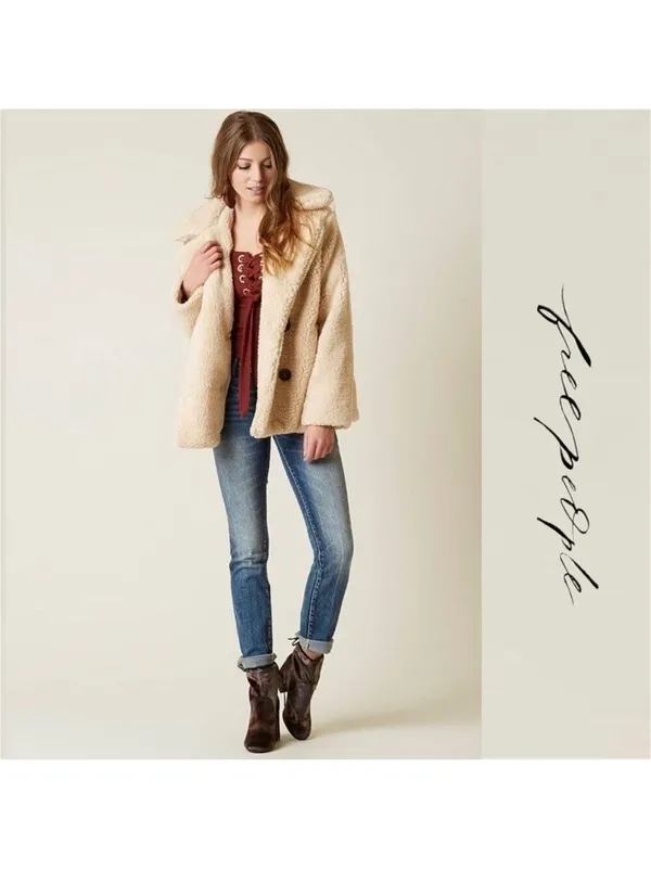 Free People Notched Teddy Sherpa Oversized Peacoat in Oatmeal Size XS - Image 4