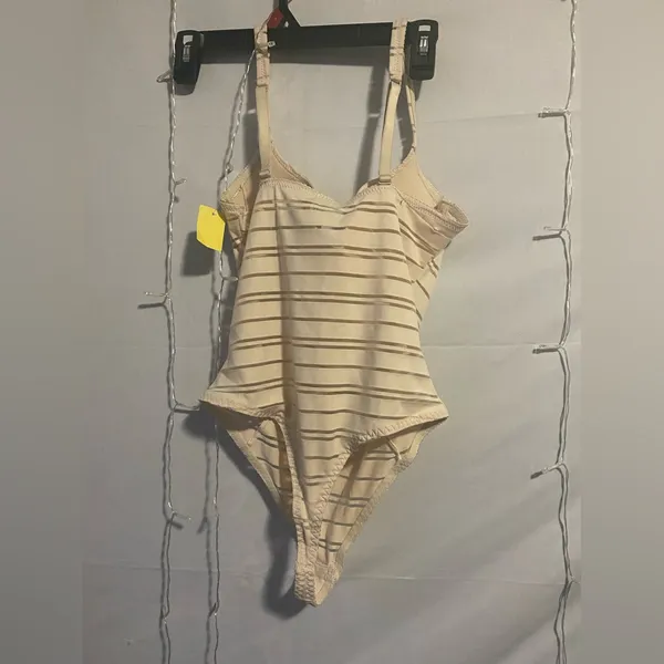 Women's Beige Striped Bodysuit Tan Size L - Image 2