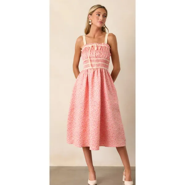 Entro Always A Romantic Coral Floral Jacquard Midi Dress Pockets Size Large‎ - Image 6