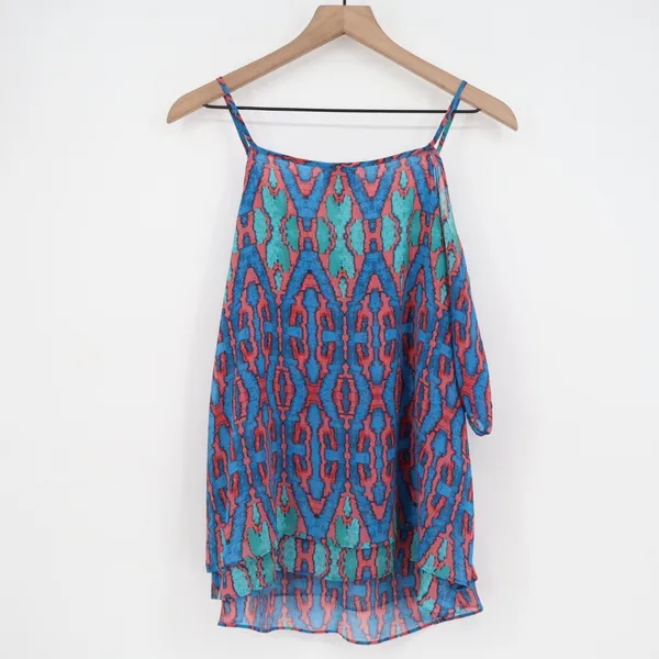 Nicole Miller M Cold Shoulder Tie Neck Blouse Top Geometric Print Blue Pink M - Image 5