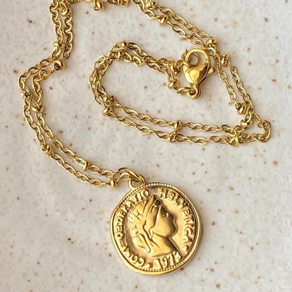 Handmade fully gold tone stainless steel antique vintage chic style coin necklace - Image 4