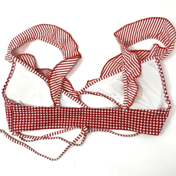 NWOT Aerie Red Gingham Ruffle Wrap Scoop Preppy Beach Summer Bikini Top M - Image 4