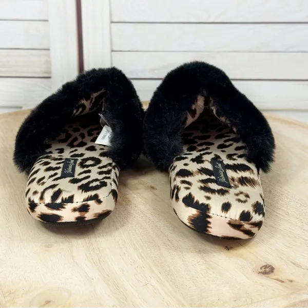 Victorias Secret Leopard Print Faux Fur Trim Satin Slippers‎ Tan Black Medium - Image 7