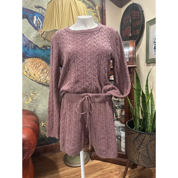 Pink Rose Boho Cable Knit Sweater & Shorts Lounge Set Mauve Pink Large NWOT - Image 6