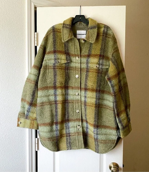 Jacket Ganna Shirt Shacket Fuzzy Wool Plaid Prairie Sage Mint L GUC - Image 2