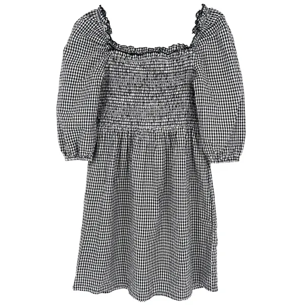 Mango Black White Gingham Smocked Puff Sleeve Mini‎ Dress Size 2 Cotton EUC - Image 2