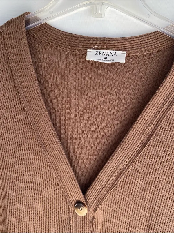 Zenana brown ribbed knit v-neck duster cardigan sweater fall transition M - Image 3